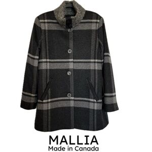 MALLIA  Wool/Cashmere Pea Coat Grey Large Plaid Funnel Neck Size14 MadeInCanada